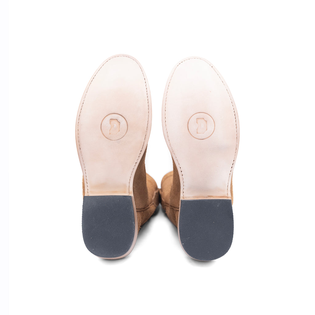 Brown shoes with blue soles on a white background