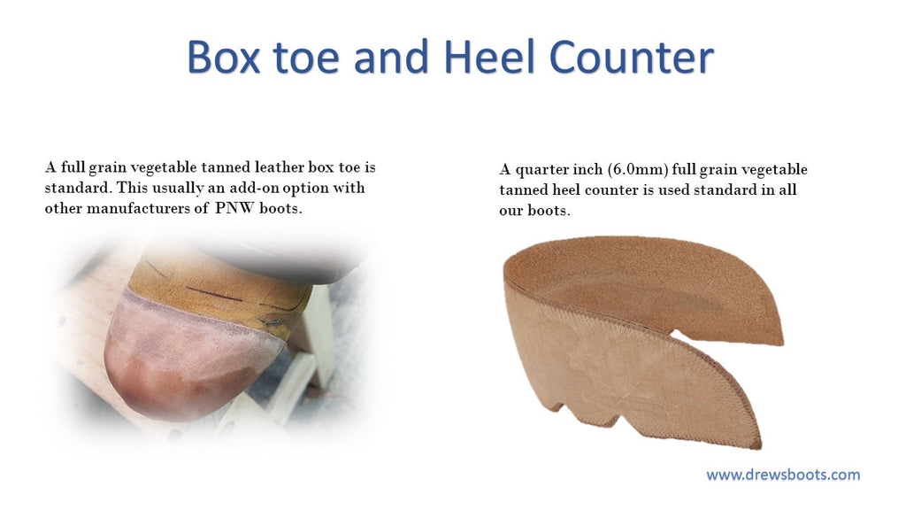 Box Toe and Heel Counter: Side-by-side image of a full-grain vegetable tanned leather box toe and a quarter-inch leather heel counter, illustrating standard features in Drew's boots for enhanced durability.