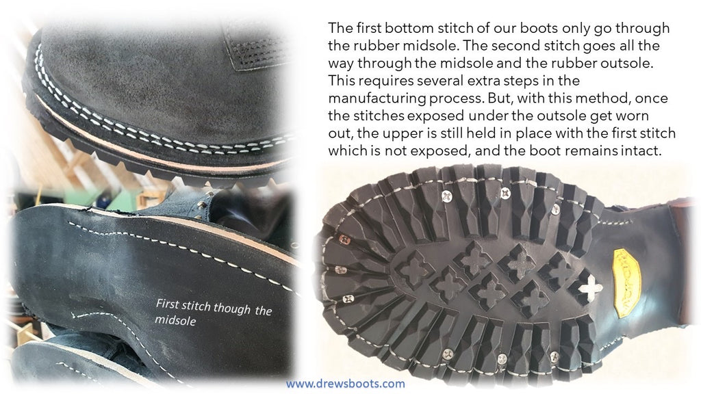 Close-up of the bottom of a Drew’s Logger boot showcasing the double stitching. The first stitch only penetrates the midsole, while the second stitch extends through both the midsole and rubber outsole. This technique adds durability, ensuring the boot remains intact even as exposed stitches wear down, keeping the upper securely attached.