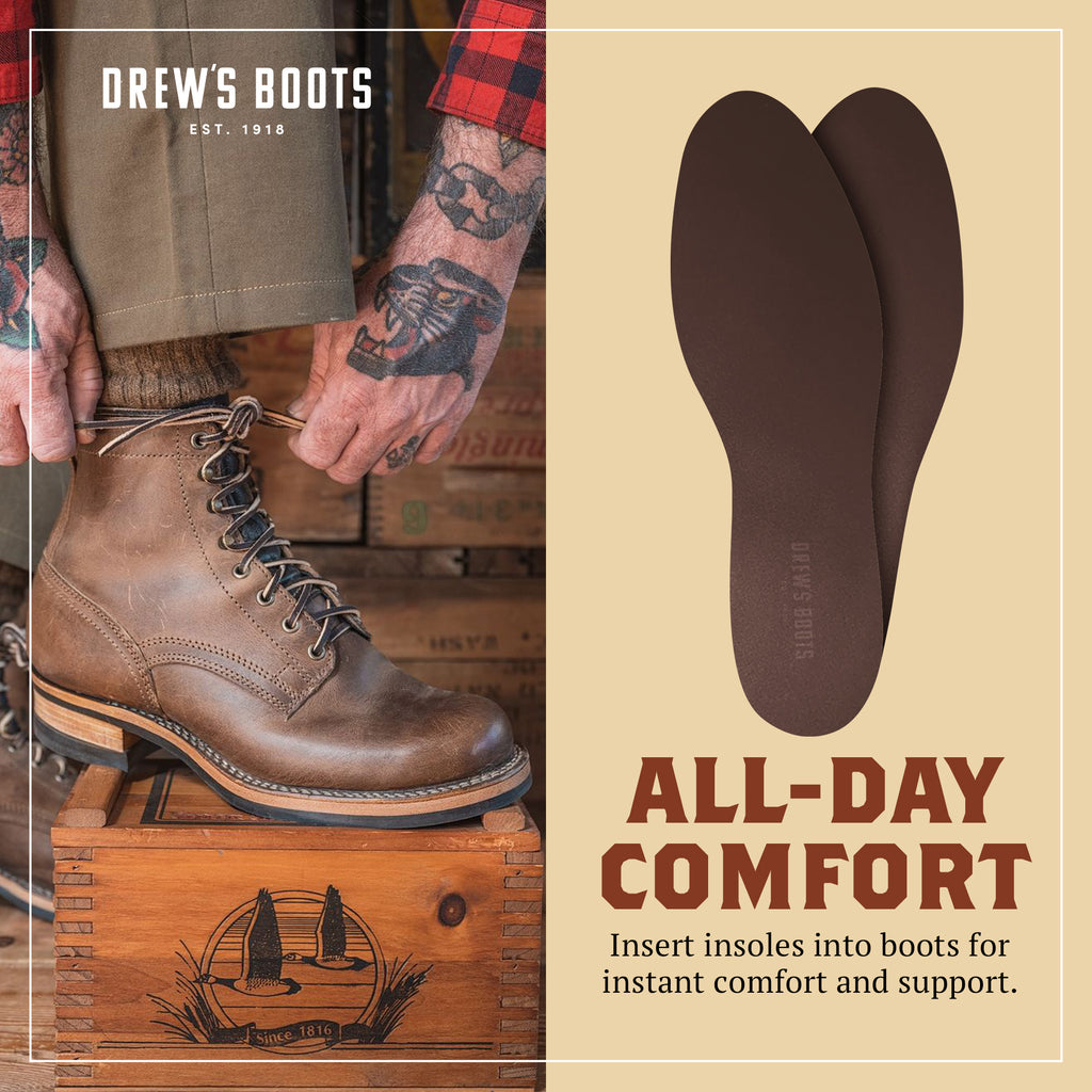 Image of a person lacing up a sturdy brown Drew's Boot while standing on a wooden crate. To the right, a pair of brown insoles are displayed. The text reads 'All-Day Comfort – Insert insoles into boots for instant comfort and support.'