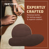 Image showcasing Drew's Boots' insole crafting process. Hands working on leather with a display of a finished brown insole below. The text reads 'Expertly Crafted – Premium leather for lasting support & superior comfort.'