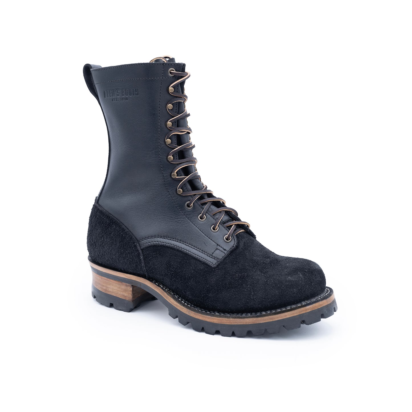 Black leather boot with brown laces on a white background