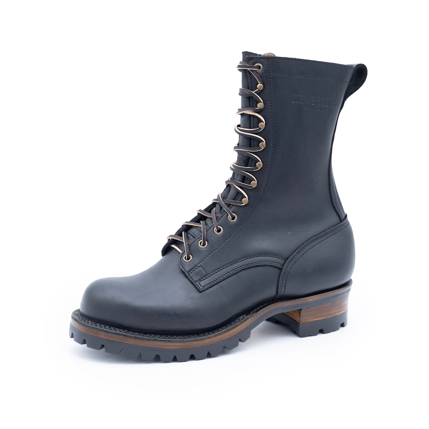 Black leather boot with laces on a white background