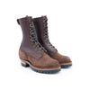 Pair of brown leather boots with laces on a white background