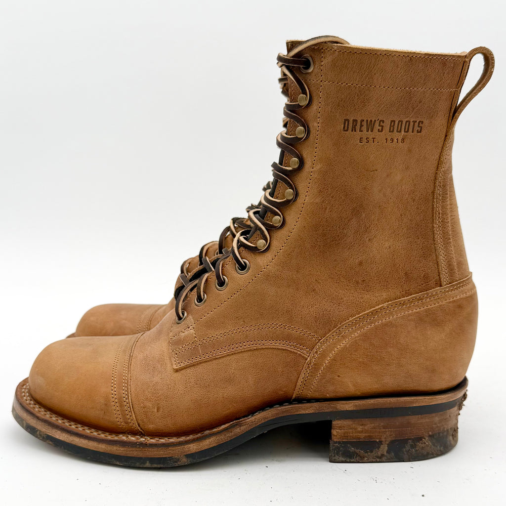 Brown leather boot with 'Drew's Boots' branding on a white background