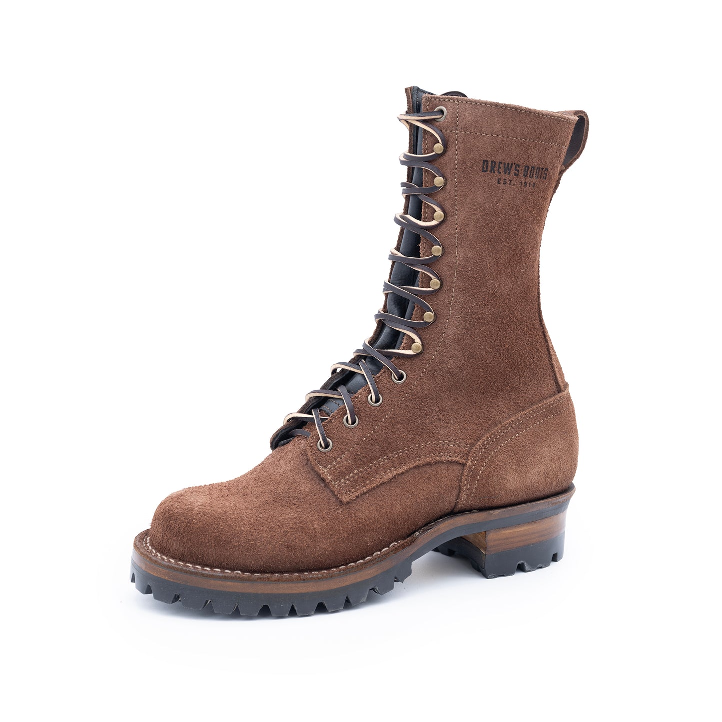 Brown leather boot with laces on a white background