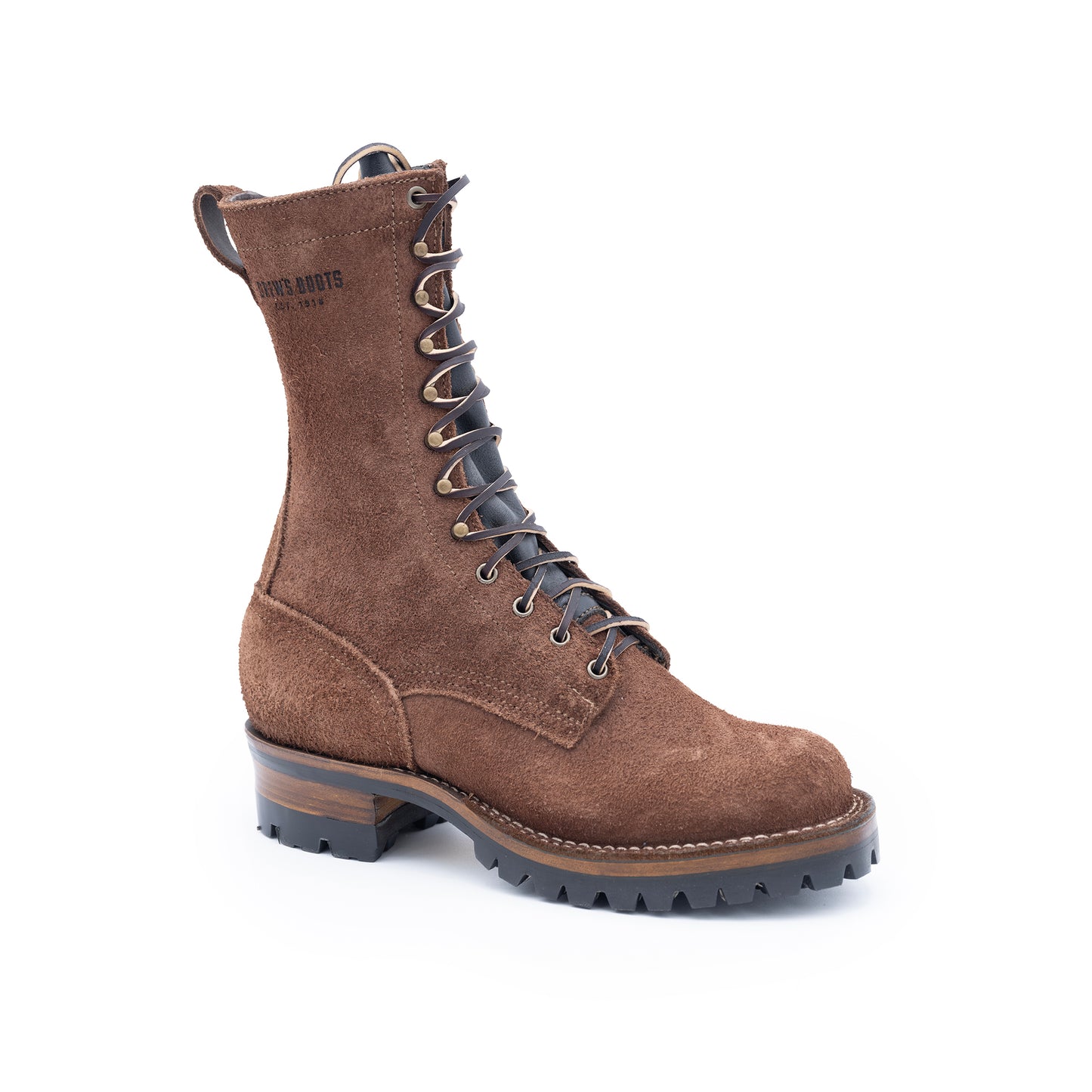 Brown leather boot with laces on a white background