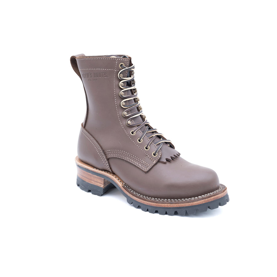 Drew's 8-Inch Logger in brown smooth leather