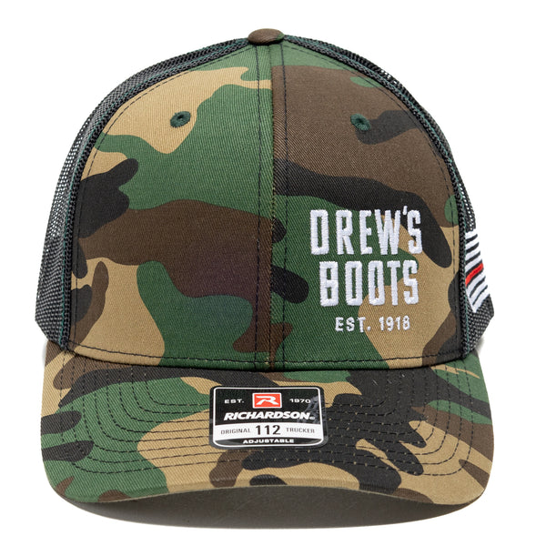 Drew's Boots Trucker Hat - Green Camo/Black - Support the Red Line - Drew's Boots - Drew's Boots